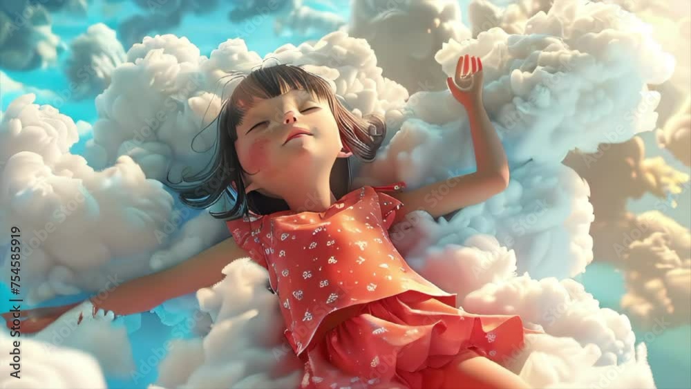 3D cartoon of a girl sleeping in the clouds in the sky in summer.