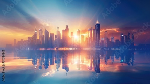 Picture of modern skyscrapers of a smart city Futuristic financial district with buildings and reflections Blue background for corporate and business templates © Suparak