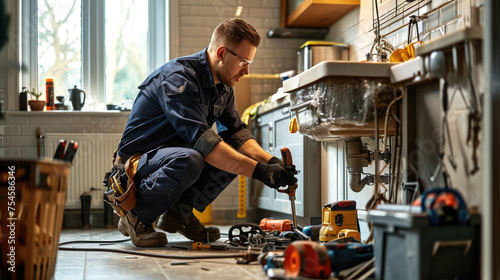 Plumber or maintenance worker crouched down, inspecting or repairing a kitchen sink photo