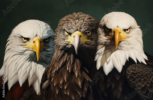 Three  eagles staring into the  camera lens  on a smokey black grey background.