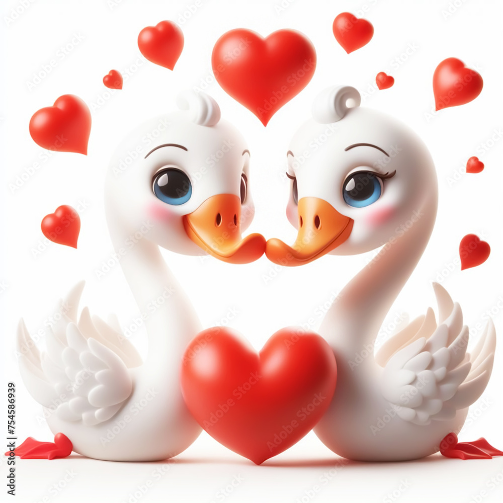 3D funny swan couple in love cartoon. Fun animals for children's illustrations. AI generated 3D funny swan couple in love cartoon. Fun animals for children's illustrations. AI generated