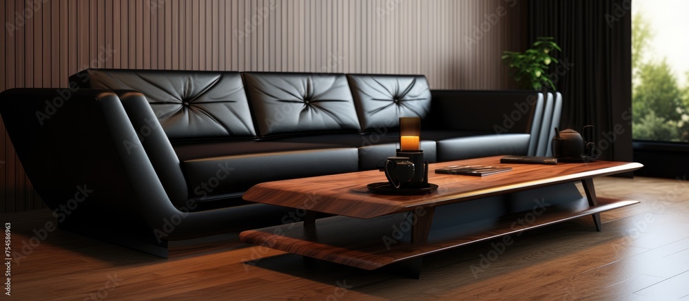 A contemporary living room featuring a sleek black leather couch and a matching coffee table. The room is tastefully decorated with minimalistic furnishings and neutral colors. A contemporary living room featuring a sleek black leather couch and a matching coffee table. The room is tastefully decorated with minimalistic furnishings and neutral colors.