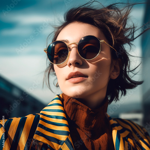 Woman with sunglasses and striped jacket gazes at camera, looking cool and happy