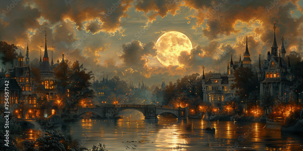 sunset over the river, romanticism art style 