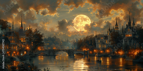 sunset over the river, romanticism art style  photo
