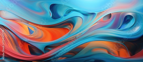 This abstract painting features vibrant shades of blue, orange, and red created using airbrush paint on a textured plastic wall. The colors blend and contrast, creating dynamic movement and depth in photo