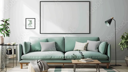  The stylish interior design of the living room features a modern mint sofa as the centerpiece, complemented by a wooden console, cube coffee table, and elegant accessories