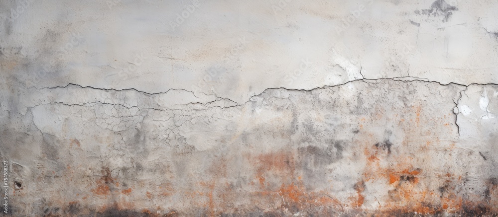 A closeup view of an old wall with peeling paint, revealing layers of past colors and textures. The wall is set against a cement floor,