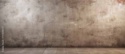 An empty room with a wooden floor and a concrete wall. The concrete wall shows signs of wear and tear, with dirt and paint scratches. The room has a grunge design,