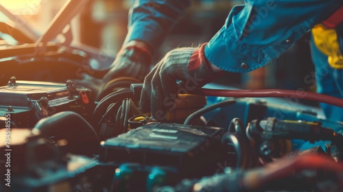 The act of checking a car battery is captured, focusing on automotive care and maintenance