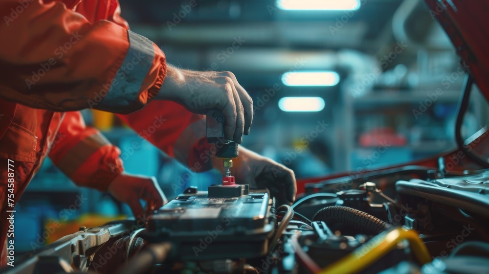 The diligent task of a car mechanic replacing a battery highlights the importance of maintenance The diligent task of a car mechanic replacing a battery highlights the importance of maintenance
