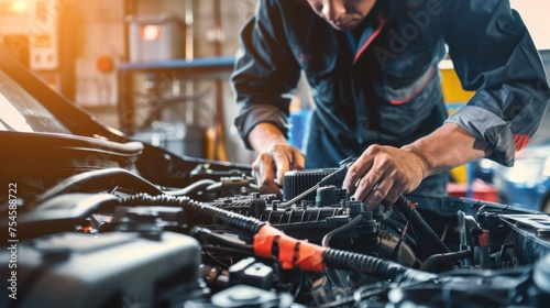 The detailed process of a male mechanic changing a car battery underscores the technical skill and necessity of vehicle upkeep photo