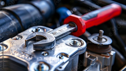 The focused service of fitting a car battery with a wrench is captured, highlighting the precision in automotive maintenance