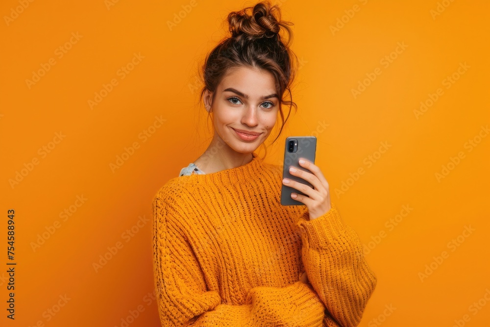 female holding phone in her hand looking in front of her, standing on orange background female holding phone in her hand looking in front of her, standing on orange background