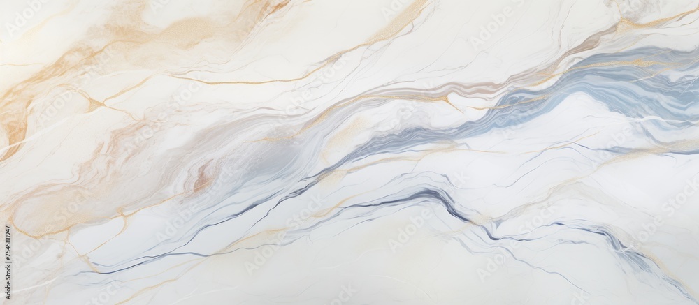 Obraz premium This close-up shot showcases the intricate details of a light marble textured surface commonly used in interior wall and floor tiles. The smooth veins and unique patterns of the marble create a
