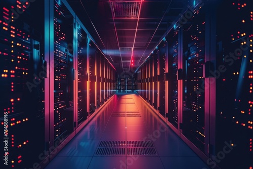 modern data technology centre server racks in a dark room