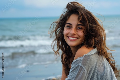 happy smiling female with curly hair sitting on a beach with sea on background