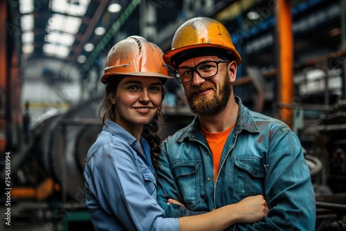 A man and a woman are posing for a picture in a factory. The man is wearing a hard hat and the woman is wearing a hard hat and a blue shirt. Concept of international workers' day