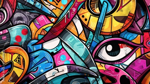 Abstract urban graffiti pattern featuring vibrant colors, dynamic lettering, and street art elements