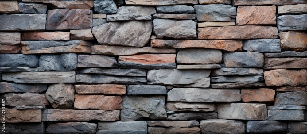 A stone wall constructed from various colors of rocks creates a striking pattern of texture and design. The different hues and shapes of the rocks add visual interest to the structure.