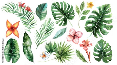 Tropical watercolor set flowers and leaves collection on the white background. AI generated image