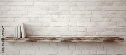 An empty wooden shelf is mounted on a weathered white brick wall, creating a rustic and industrial aesthetic. The shelf provides a functional display area for showcasing various products or photo