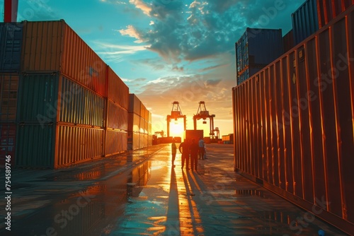 A group of people walk down a street in front of a large container yard. The sky is orange and the sun is setting. Concept of international workers' day