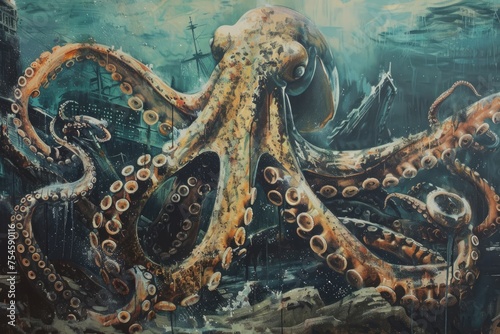 A surrealistic painting of a colossal squid lurking in the depths, its massive tentacles coiled around a sunken shipwreck in a scene of eerie beauty © PinkiePie