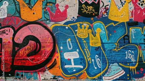 Graffiti art featuring spray-painted designs of graduation caps, crowns, sneakers, and numerical figures on a wall.