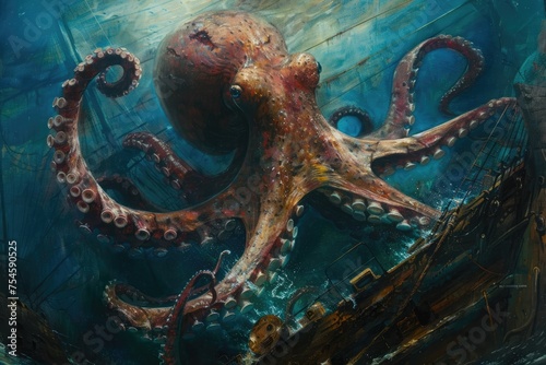 A surrealistic painting of a colossal squid lurking in the depths, its massive tentacles coiled around a sunken shipwreck in a scene of eerie beauty