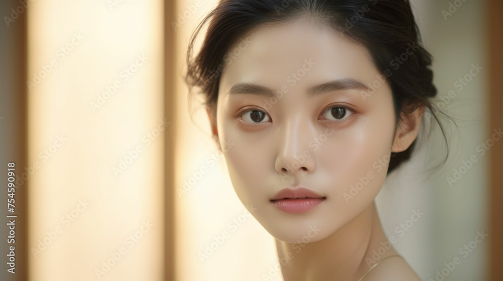 Naklejka premium A woman with a very pretty face is looking at the camera. She has a nice smile and her eyes are open