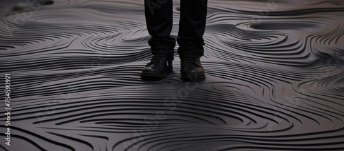 A person is standing in front of a large black and white photograph, focusing intently on the image. The floor is covered with an anti-slip rubber mat for safety. photo