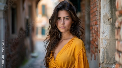 A woman in a yellow dress stands in front of a brick wall. She has long hair and a pretty smile © imagineRbc