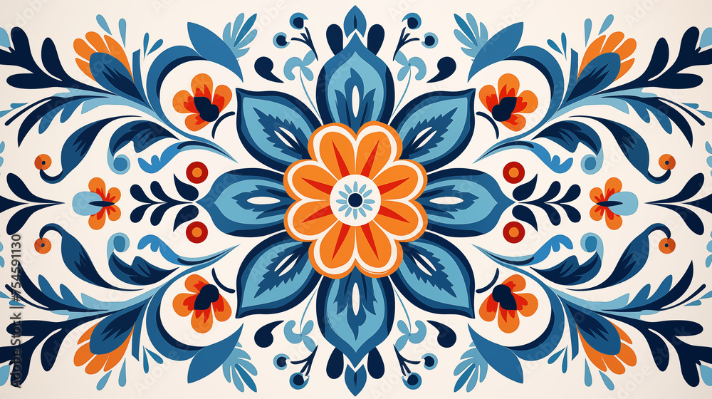 Vibrant Blue and Orange Symmetrical Floral Art