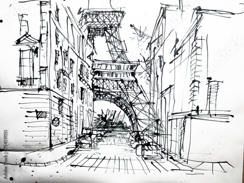 Paris, France handmade illustration. Black and white drawing of Paris. Architectural sketch. photo