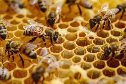 A group of bees are gathered around a honeycomb. The bees are busy collecting nectar and pollen from the flowers. Concept of World Bee Day © Nico