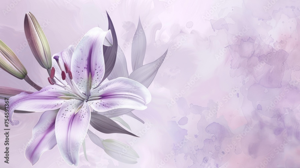 Luxury purple lily flower with watercolor style, copy space background and invitation wedding card