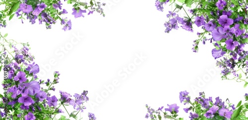 Beautiful watercolor violet floral spring frame with copy space white background. AI generated