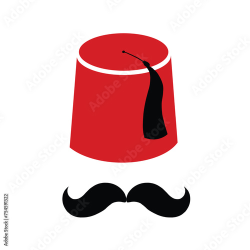Red Turkish hat fez and black mustache vector isolated element, Turkish symbols.
