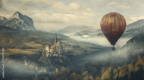 An illustration of a old-fashioned hot air balloon floats peacefully over a misty landscape featuring a majestic castle and mountains in the background.