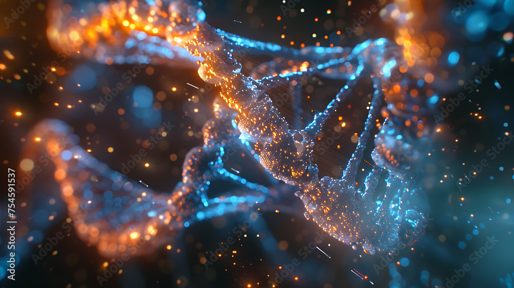 
The image you’ve described portrays a visually captivating representation of a DNA helix illuminated with glowing particles, creating an ethereal and futuristic aesthetic.