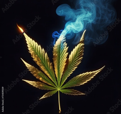 A marijuana leaf in smoke and flame on a black background
