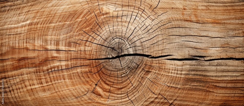 A piece of wood has been cut in half, exposing its natural texture and inner patterns. The cross-section reveals the intricate details of the woods grain and color variations. - obrazy, fototapety, plakaty 