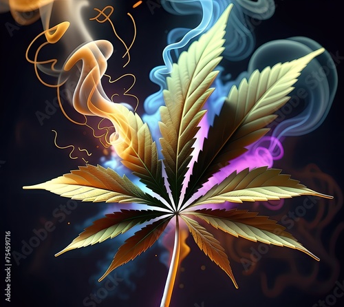 A cannabis leaf burns in colored psychedelic abstract smoke