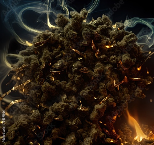 A huge head of marijuana burns and smoulders on a black background
