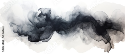 A hand-painted watercolor stain in black creates wisps of smoke against a stark white paper background. The smoke appears to be swirling and billowing, creating an abstract and dynamic visual effect.