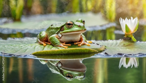 high quality photo of a frog on a lily pad in a pond with reflections © blackdiamond67