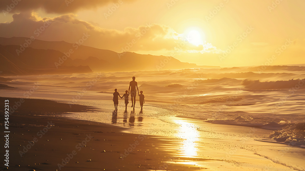 The image portrays a serene scene on a beach during sunset.