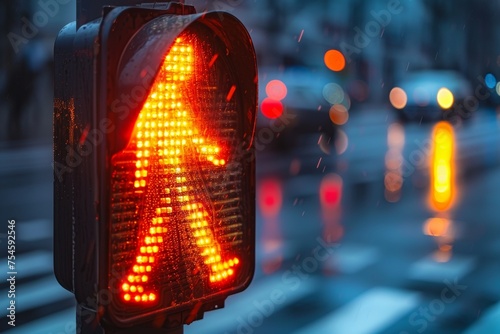 Rain-speckled pedestrian traffic light glowing red, with the shimmering reflection of city lights on wet urban streets