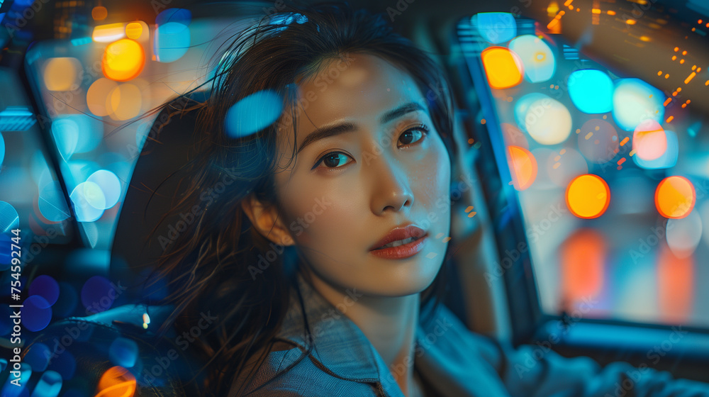 Beautiful Asian woman at the wheel, Close-up of a young woman driving, surrounded by colorful city lights reflecting on a rainy window, deep in thought. Beautiful Asian woman at the wheel, Close-up of a young woman driving, surrounded by colorful city lights reflecting on a rainy window, deep in thought.